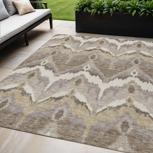 Homeroots 3' Artichoke Green And Beige Ikat Washable Area Rug - Perfect For Indoor And Outdoor Spaces 5' X 8' Polyester 584321