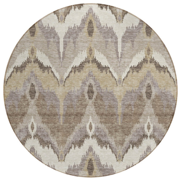 HomeRoots 5' Elegant Ikat Washable Area Rug in Beige, Chocolate, and Taupe - Perfect for Indoor and Outdoor Use 8' Round 584322