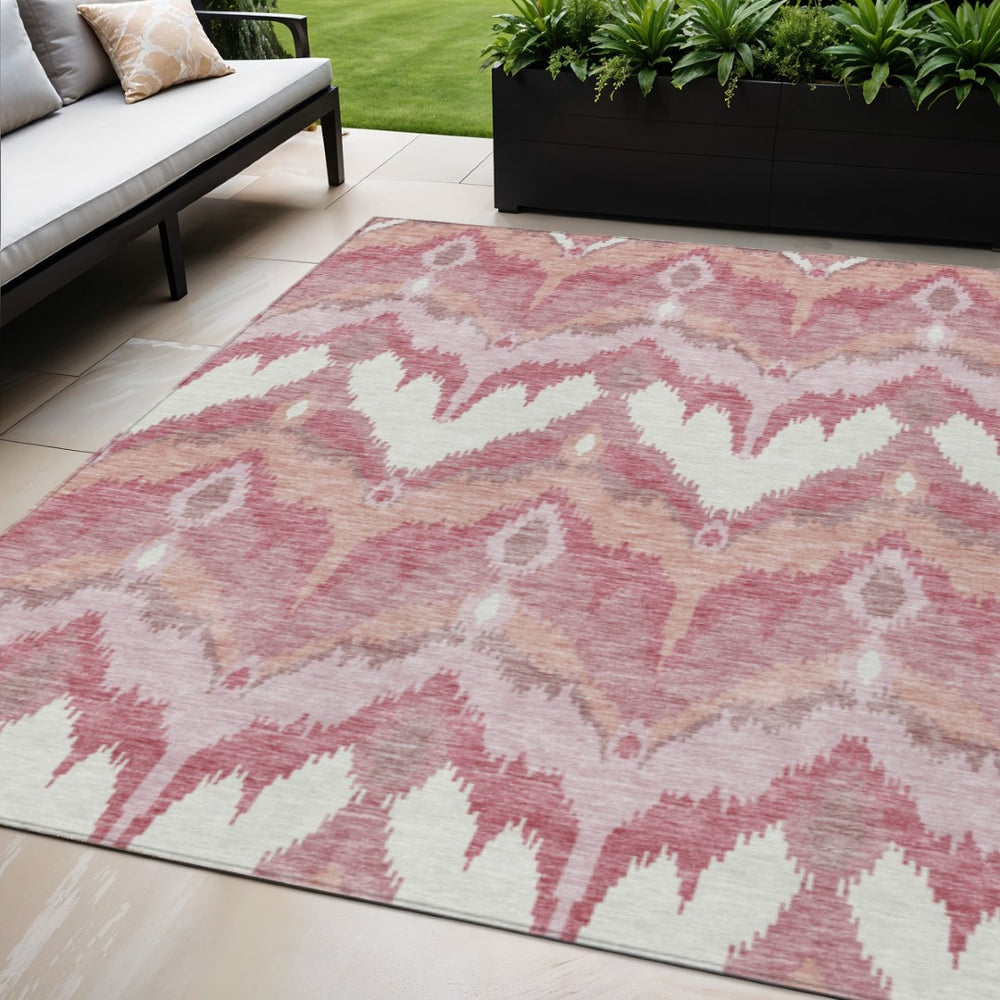 HomeRoots 5' Blush Mauve and Ivory Ikat Area Rug - Durable, Washable Design for Indoor and Outdoor Spaces 5' X 8' 584327