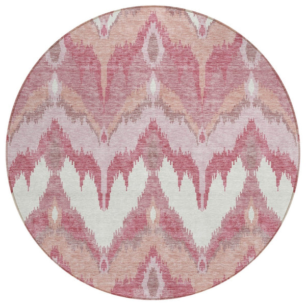 HomeRoots 5' Blush Mauve and Ivory Ikat Area Rug - Durable, Washable Design for Indoor and Outdoor Spaces 8' Round 584328