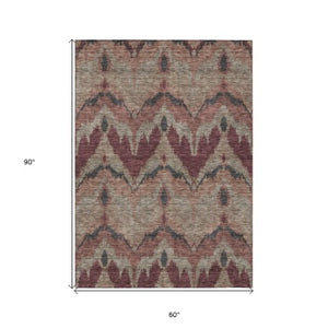 Homeroots 3' Artichoke Green And Beige Ikat Washable Area Rug - Perfect For Indoor And Outdoor Spaces 5' X 8' Polyester 584333
