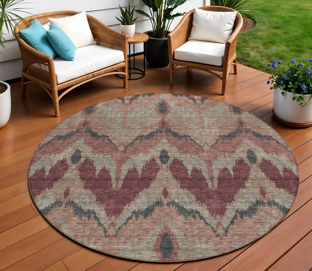 HomeRoots 5' Ikat Washable Area Rug in Burgundy, Beige & Charcoal - Stylish, Durable & Ideal for Indoor/Outdoor Use 8' Round 584334