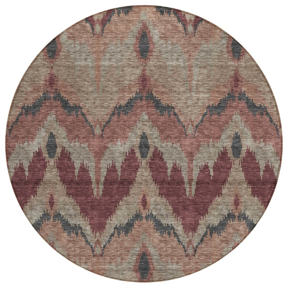 HomeRoots 5' Ikat Washable Area Rug in Burgundy, Beige & Charcoal - Stylish, Durable & Ideal for Indoor/Outdoor Use 8' Round 584334