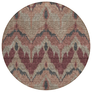 HomeRoots 5' Ikat Washable Area Rug in Burgundy, Beige & Charcoal - Stylish, Durable & Ideal for Indoor/Outdoor Use 8' Round 584334