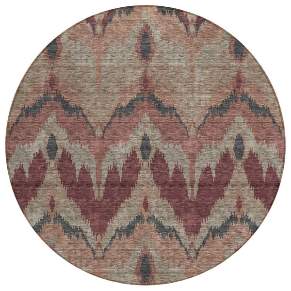 HomeRoots 5' Ikat Washable Area Rug in Burgundy, Beige & Charcoal - Stylish, Durable & Ideal for Indoor/Outdoor Use 8' Round 584334