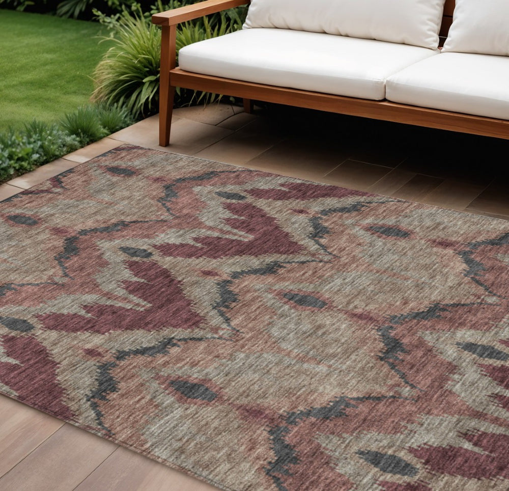 HomeRoots 9' Ikat Washable Indoor Outdoor Area Rug - Durable Burgundy Beige Charcoal Design for Any Space 9' X 12' 584336