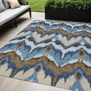 Homeroots 3' Artichoke Green And Beige Ikat Washable Area Rug - Perfect For Indoor And Outdoor Spaces 5' X 8' Polyester 584339