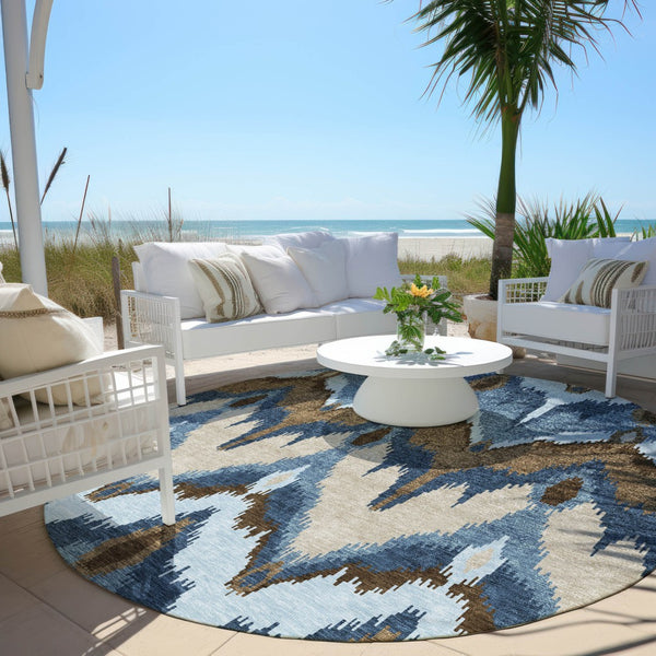 Homeroots 3' Artichoke Green And Beige Ikat Washable Area Rug - Perfect For Indoor And Outdoor Spaces 8' Round Polyester 584340