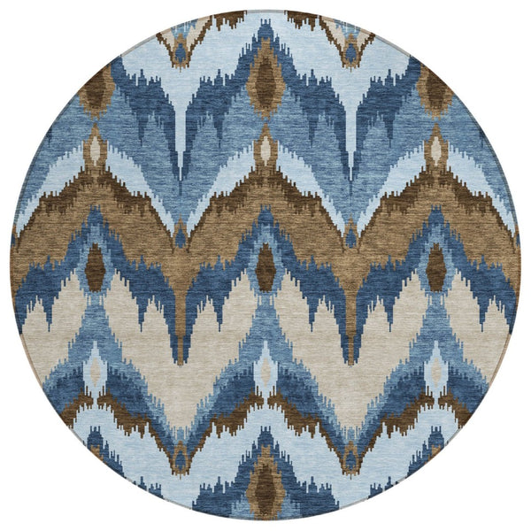 HomeRoots 5' Indoor Outdoor Denim Blue Ikat Area Rug - Durable, Washable, Stylish Design for High-Traffic Spaces 8' Round 584340