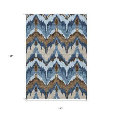 Homeroots 3' Artichoke Green And Beige Ikat Washable Area Rug - Perfect For Indoor And Outdoor Spaces 10' X 14' Polyester 584343