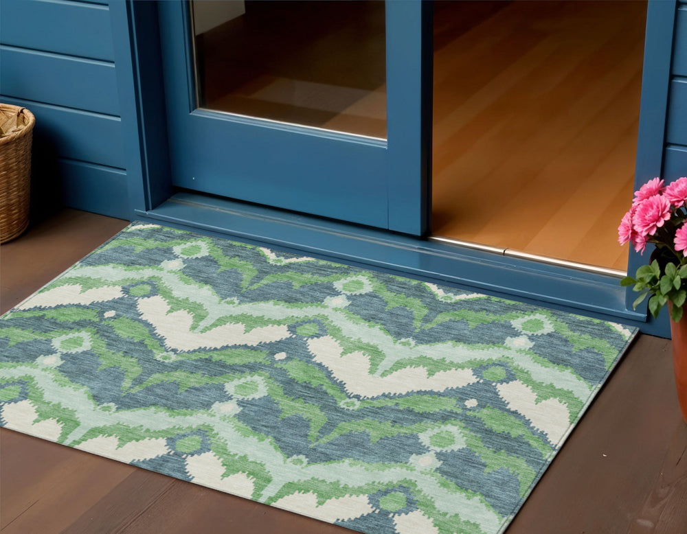 Homeroots 3' Artichoke Green And Beige Ikat Washable Area Rug - Perfect For Indoor And Outdoor Spaces 3' X 5' Polyester 584350