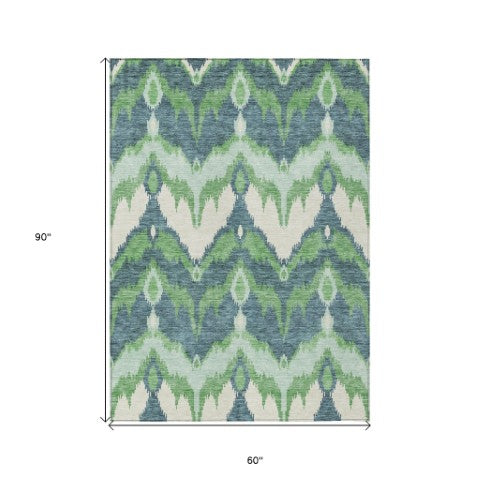 Homeroots 3' Artichoke Green And Beige Ikat Washable Area Rug - Perfect For Indoor And Outdoor Spaces 5' X 8' Polyester 584351