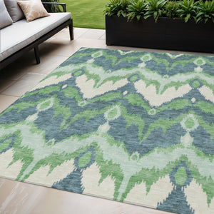 Homeroots 3' Artichoke Green And Beige Ikat Washable Area Rug - Perfect For Indoor And Outdoor Spaces 5' X 8' Polyester 584351