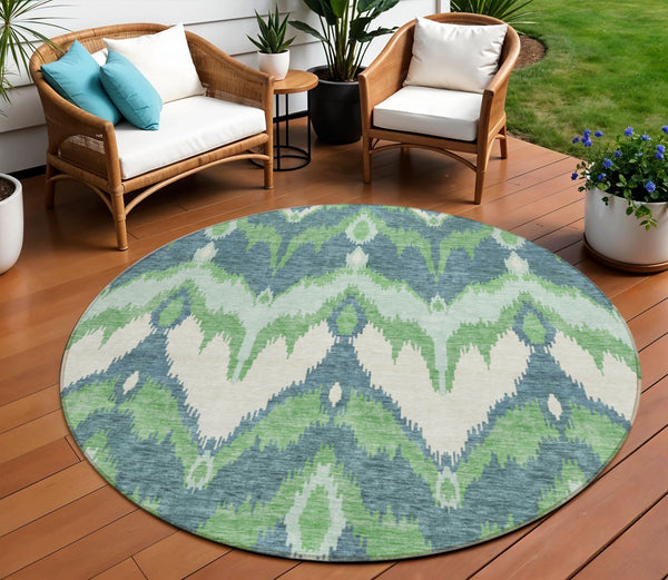 Homeroots 3' Artichoke Green And Beige Ikat Washable Area Rug - Perfect For Indoor And Outdoor Spaces 8' Round Polyester 584352