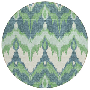 HomeRoots 5' Contemporary Green, Ivory, and Blue Ikat Washable Area Rug for Indoor and Outdoor Spaces 8' Round 584352