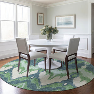 Homeroots 3' Artichoke Green And Beige Ikat Washable Area Rug - Perfect For Indoor And Outdoor Spaces 8' Round Polyester 584352