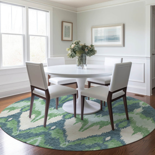 Homeroots 3' Artichoke Green And Beige Ikat Washable Area Rug - Perfect For Indoor And Outdoor Spaces 8' Round Polyester 584352