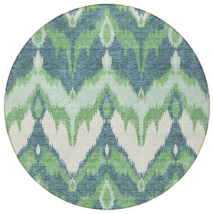 Homeroots 3' Artichoke Green And Beige Ikat Washable Area Rug - Perfect For Indoor And Outdoor Spaces 8' Round Polyester 584352