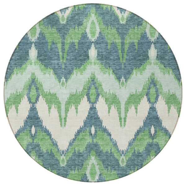 Homeroots 3' Artichoke Green And Beige Ikat Washable Area Rug - Perfect For Indoor And Outdoor Spaces 8' Round Polyester 584352