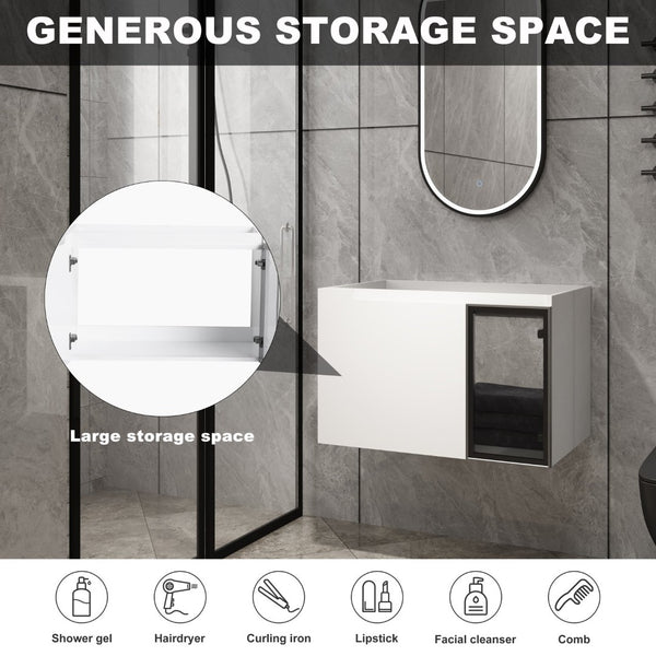 English Elm 30" Floating Bathroom Vanity Glossy White Plywood with Frosted Glass Soft Close Doors W999P387159