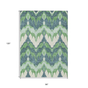 Homeroots 3' Artichoke Green And Beige Ikat Washable Area Rug - Perfect For Indoor And Outdoor Spaces 8' X 10' Polyester 584353