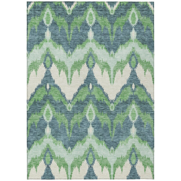 HomeRoots 5' Contemporary Green, Ivory, and Blue Ikat Washable Area Rug for Indoor and Outdoor Spaces 8' X 10' 584353