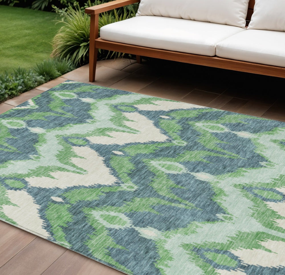 HomeRoots 9' Washable Indoor Outdoor Area Rug in Green, Ivory & Blue Ikat – Stylish, Durable & Versatile Design 9' X 12' 584354