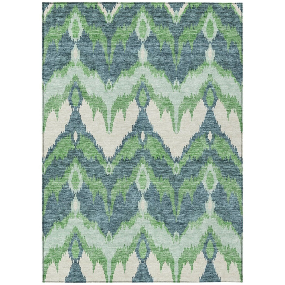 HomeRoots 9' Washable Indoor Outdoor Area Rug in Green, Ivory & Blue Ikat – Stylish, Durable & Versatile Design 9' X 12' 584354