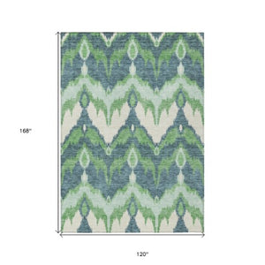 Homeroots 3' Artichoke Green And Beige Ikat Washable Area Rug - Perfect For Indoor And Outdoor Spaces 10' X 14' Polyester 584355