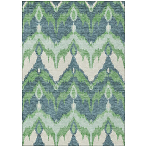 HomeRoots 5' Contemporary Green, Ivory, and Blue Ikat Washable Area Rug for Indoor and Outdoor Spaces 10' X 14' 584355