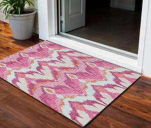 Homeroots 3' Artichoke Green And Beige Ikat Washable Area Rug - Perfect For Indoor And Outdoor Spaces 3' X 5' Polyester 584368