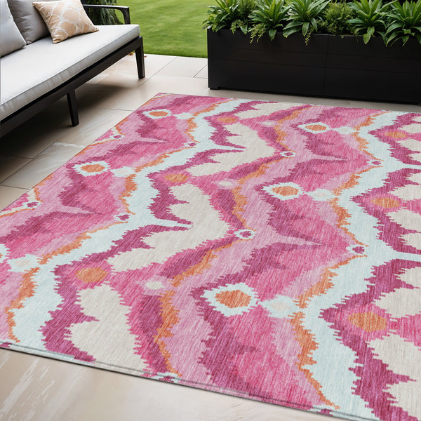 Homeroots 3' Artichoke Green And Beige Ikat Washable Area Rug - Perfect For Indoor And Outdoor Spaces 5' X 8' Polyester 584369