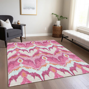 Homeroots 3' Artichoke Green And Beige Ikat Washable Area Rug - Perfect For Indoor And Outdoor Spaces 5' X 8' Polyester 584369