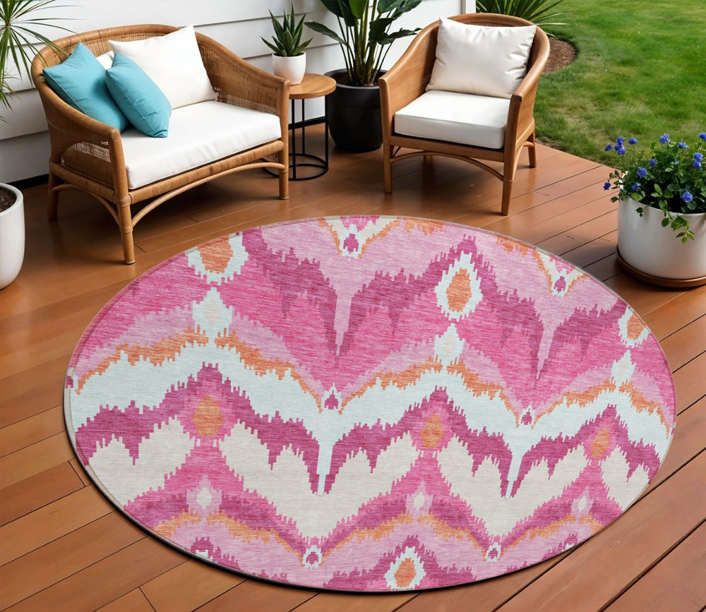 HomeRoots 5' Vibrant Pink Mauve and Orange Ikat Washable Area Rug for Indoor or Outdoor Spaces, Durable Design 8' Round 584370
