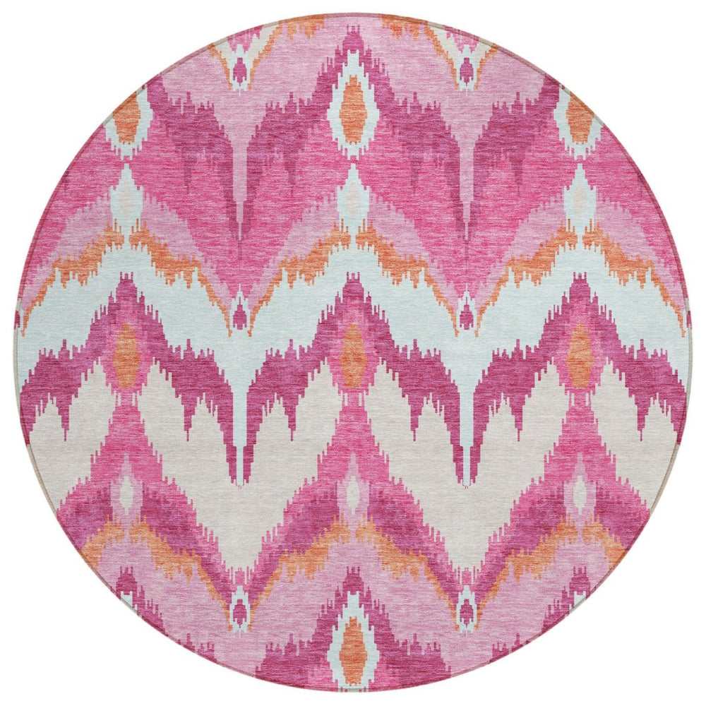 HomeRoots 5' Vibrant Pink Mauve and Orange Ikat Washable Area Rug for Indoor or Outdoor Spaces, Durable Design 8' Round 584370