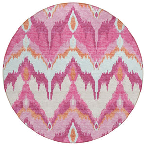 HomeRoots 5' Vibrant Pink Mauve and Orange Ikat Washable Area Rug for Indoor or Outdoor Spaces, Durable Design 8' Round 584370