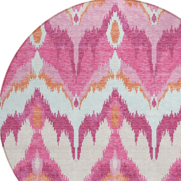 Homeroots 3' Artichoke Green And Beige Ikat Washable Area Rug - Perfect For Indoor And Outdoor Spaces 8' Round Polyester 584370