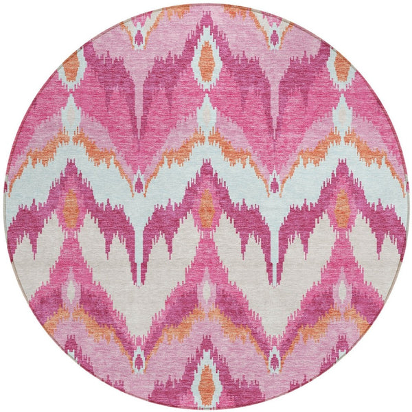 Homeroots 3' Artichoke Green And Beige Ikat Washable Area Rug - Perfect For Indoor And Outdoor Spaces 8' Round Polyester 584370