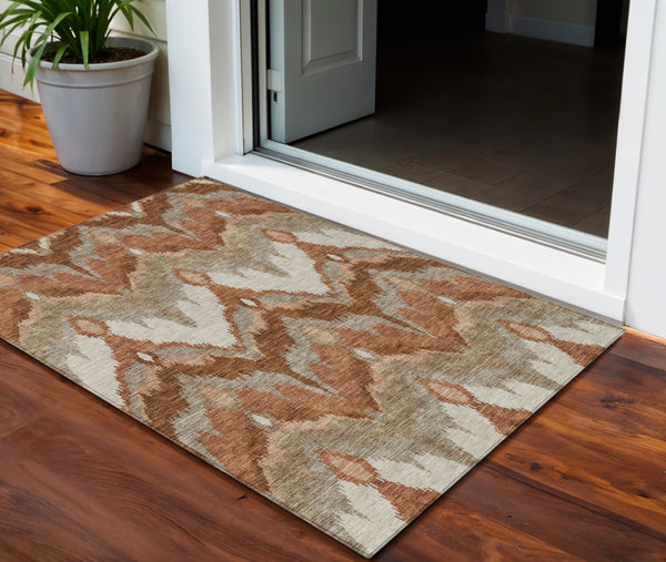 Homeroots 3' Artichoke Green And Beige Ikat Washable Area Rug - Perfect For Indoor And Outdoor Spaces 3' X 5' Polyester 584374