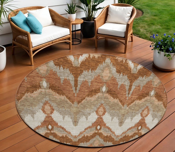 Homeroots 3' Artichoke Green And Beige Ikat Washable Area Rug - Perfect For Indoor And Outdoor Spaces 8' Round Polyester 584376
