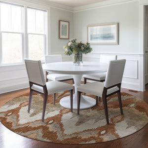 Homeroots 3' Artichoke Green And Beige Ikat Washable Area Rug - Perfect For Indoor And Outdoor Spaces 8' Round Polyester 584376