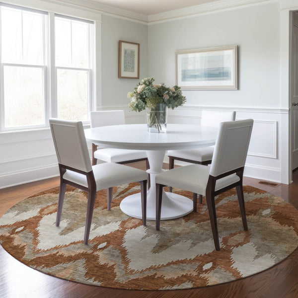 Homeroots 3' Artichoke Green And Beige Ikat Washable Area Rug - Perfect For Indoor And Outdoor Spaces 8' Round Polyester 584376