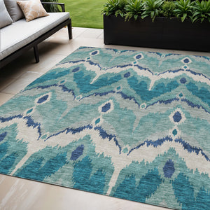Homeroots 3' Artichoke Green And Beige Ikat Washable Area Rug - Perfect For Indoor And Outdoor Spaces 5' X 8' Polyester 584387