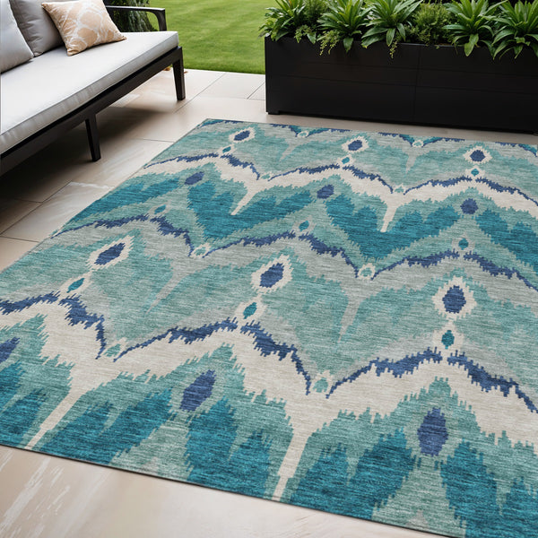 Homeroots 3' Artichoke Green And Beige Ikat Washable Area Rug - Perfect For Indoor And Outdoor Spaces 5' X 8' Polyester 584387