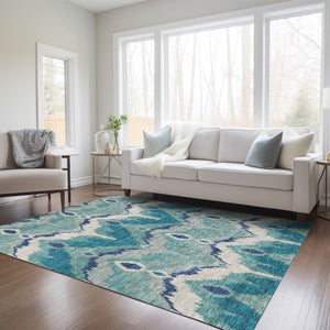 Homeroots 3' Artichoke Green And Beige Ikat Washable Area Rug - Perfect For Indoor And Outdoor Spaces 5' X 8' Polyester 584387