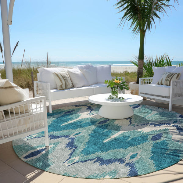 Homeroots 3' Artichoke Green And Beige Ikat Washable Area Rug - Perfect For Indoor And Outdoor Spaces 8' Round Polyester 584388