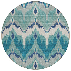 HomeRoots 5' Ikat Area Rug in Teal, Navy, and Ivory - Durable, Washable Design for Indoor & Outdoor Spaces 8' Round 584388