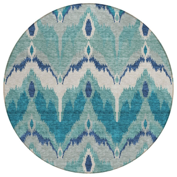 HomeRoots 5' Ikat Area Rug in Teal, Navy, and Ivory - Durable, Washable Design for Indoor & Outdoor Spaces 8' Round 584388
