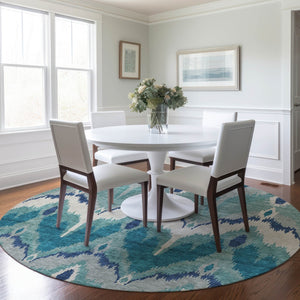 Homeroots 3' Artichoke Green And Beige Ikat Washable Area Rug - Perfect For Indoor And Outdoor Spaces 8' Round Polyester 584388