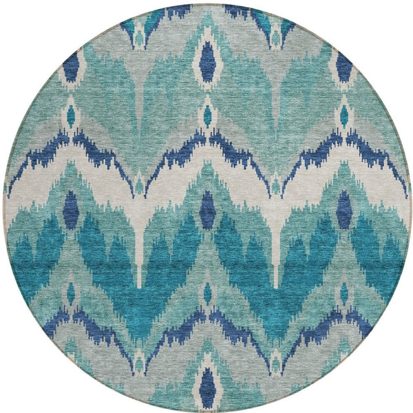 Homeroots 3' Artichoke Green And Beige Ikat Washable Area Rug - Perfect For Indoor And Outdoor Spaces 8' Round Polyester 584388